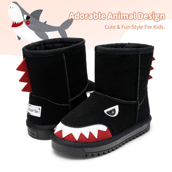 Kids Cute Animal Faux Sherpa Lining Boots - BLACK SHARK - 1